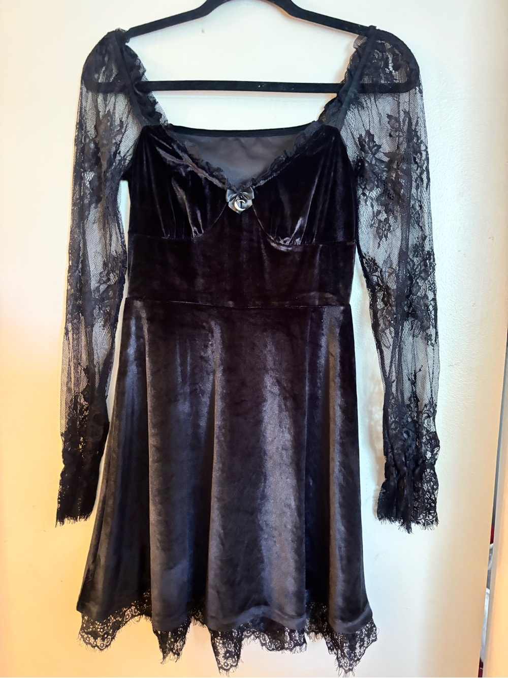 Black Velvet Lace Long-Sleeve Fit & Flare Dress